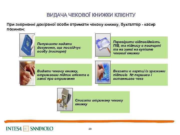 ВИДАЧА ЧЕКОВОЇ КНИЖКИ КЛІЄНТУ При зверненні довіреної особи отримати чекову книжку, бухгалтер - касир