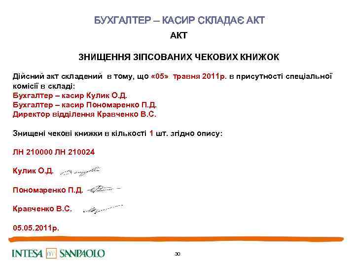  БУХГАЛТЕР – КАСИР СКЛАДАЄ АКТ ЗНИЩЕННЯ ЗІПСОВАНИХ ЧЕКОВИХ КНИЖОК Дійсний акт складений в