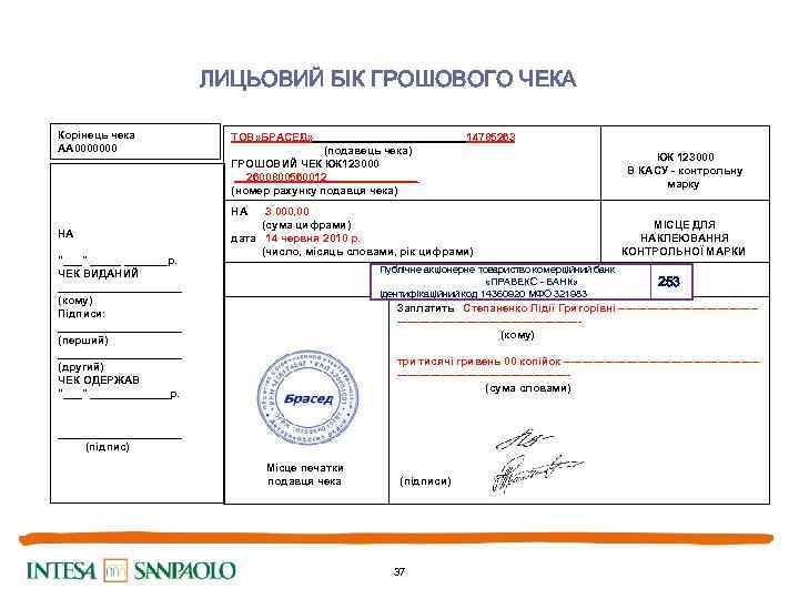 ЛИЦЬОВИЙ БІК ГРОШОВОГО ЧЕКА Корінець чека АА 0000000 НА "___" _______р. ЧЕК ВИДАНИЙ __________