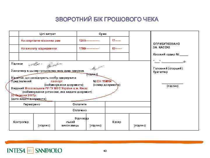 ЗВОРОТНИЙ БІК ГРОШОВОГО ЧЕКА Цілі витрат Сума На закупівлю віконних рам 1200 ------- На