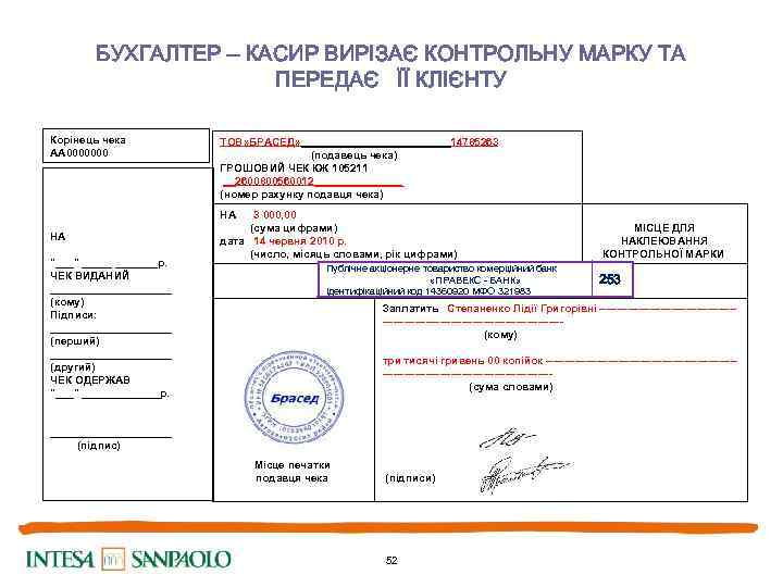 БУХГАЛТЕР – КАСИР ВИРІЗАЄ КОНТРОЛЬНУ МАРКУ ТА ПЕРЕДАЄ ЇЇ КЛІЄНТУ Корінець чека АА 0000000