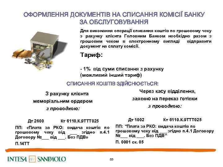 ОФОРМЛЕННЯ ДОКУМЕНТІВ НА СПИСАННЯ КОМІСІЇ БАНКУ ЗА ОБСЛУГОВУВАННЯ Для виконання операції списання коштів по