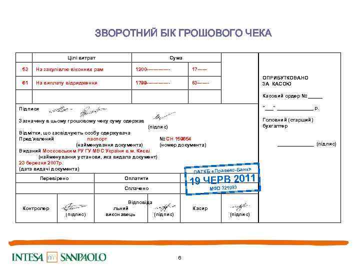 ЗВОРОТНИЙ БІК ГРОШОВОГО ЧЕКА Цілі витрат Сума 53 На закупівлю віконних рам 1200 -------