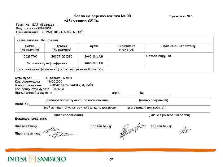  Заява на переказ готівки № 98 Примірник № 1 « 27» серпня 2011