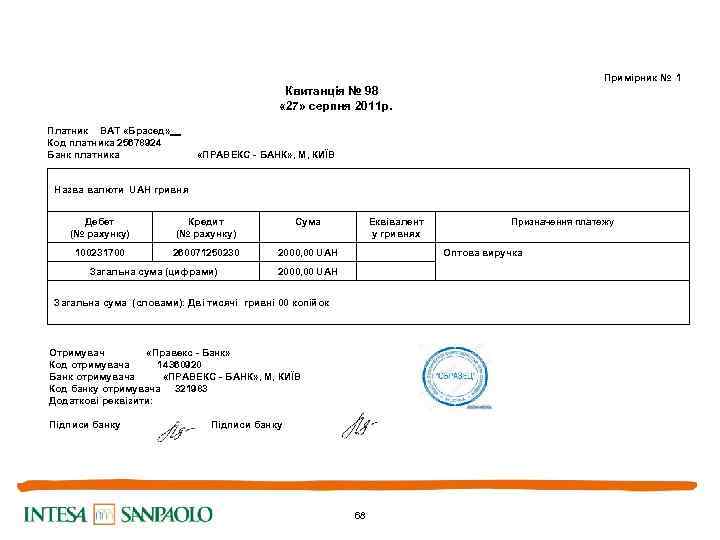  Примірник № 1 Квитанція № 98 « 27» серпня 2011 р. Платник ВАТ