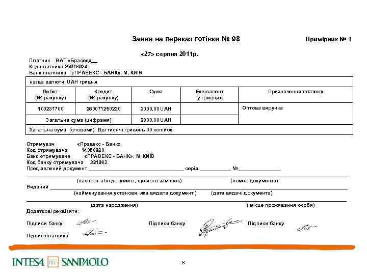  Заява на переказ готівки № 98 Примірник № 1 « 27» серпня 2011