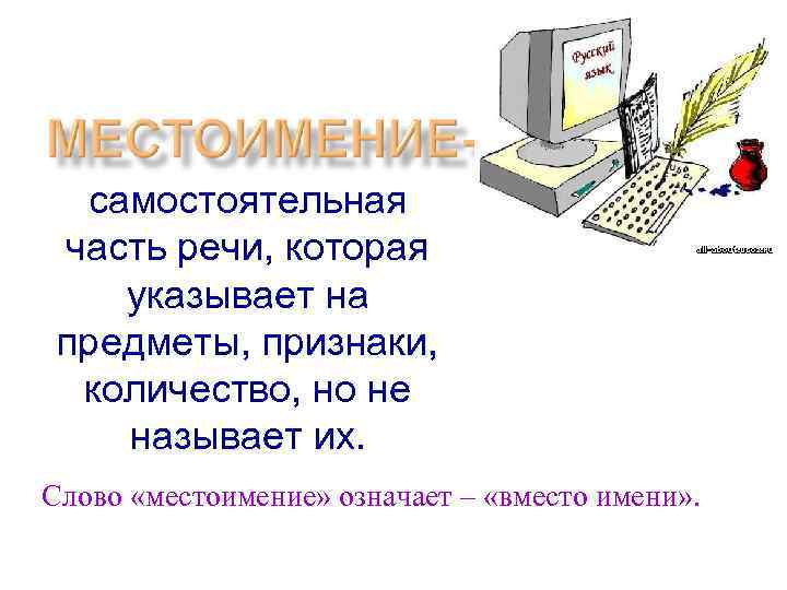 самостоятельная часть речи, которая указывает на предметы, признаки, количество, но не называет их. Слово