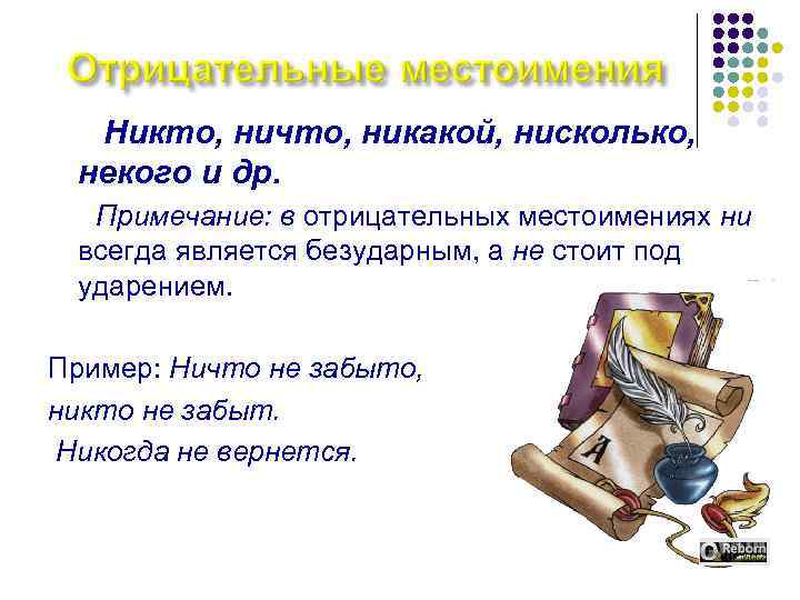 Никто, ничто, никакой, нисколько, некого и др. Примечание: в отрицательных местоимениях ни всегда является