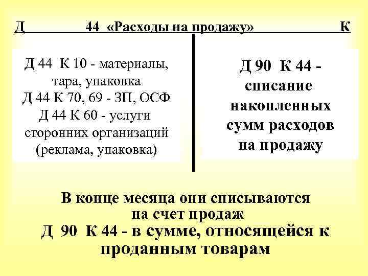 Д 44 «Расходы на продажу» Д 44 К 10 - материалы, тара, упаковка Д