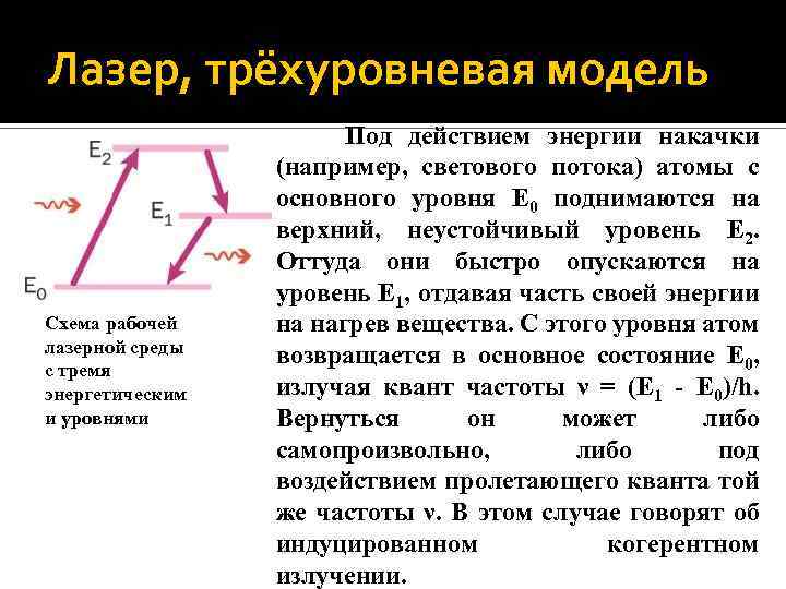 Лазер, трёхуровневая модель Схема рабочей лазерной среды с тремя энергетическим и уровнями Под действием