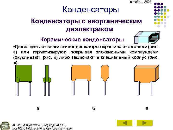 октябрь, 2006 Конденсаторы с неорганическим диэлектриком Керамические конденсаторы • Для защиты от влаги эти