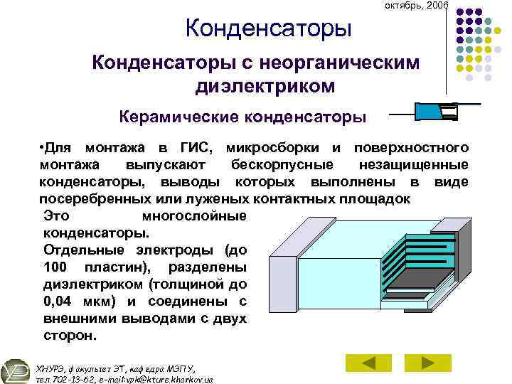 октябрь, 2006 Конденсаторы с неорганическим диэлектриком Керамические конденсаторы • Для монтажа в ГИС, микросборки