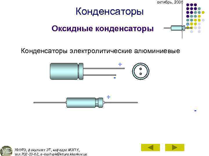 октябрь, 2006 Конденсаторы Оксидные конденсаторы + Конденсаторы электролитические алюминиевые + + ХНУРЭ, факультет ЭТ,