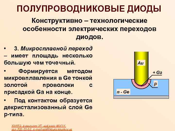 ПОЛУПРОВОДНИКОВЫЕ ДИОДЫ Конструктивно – технологические особенности электрических переходов диодов. • 3. Микросплавной переход –