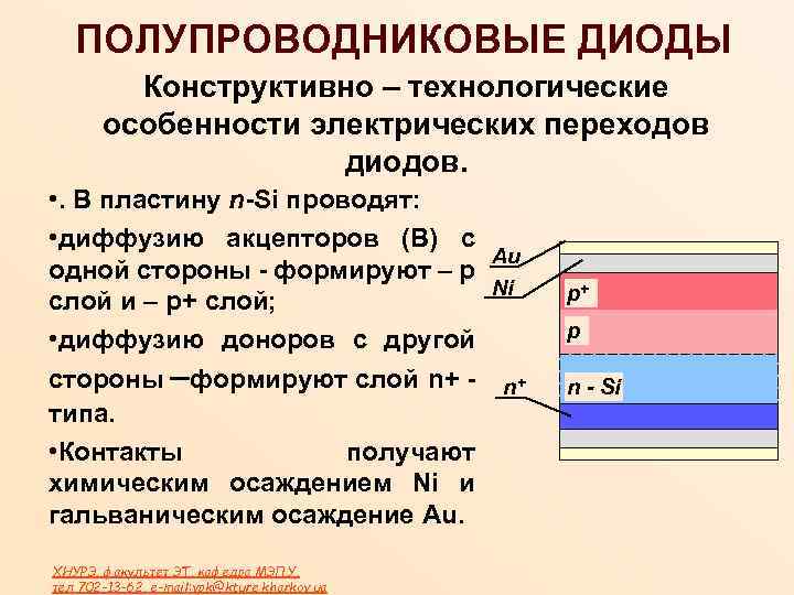 ПОЛУПРОВОДНИКОВЫЕ ДИОДЫ Конструктивно – технологические особенности электрических переходов диодов. • . В пластину n-Si