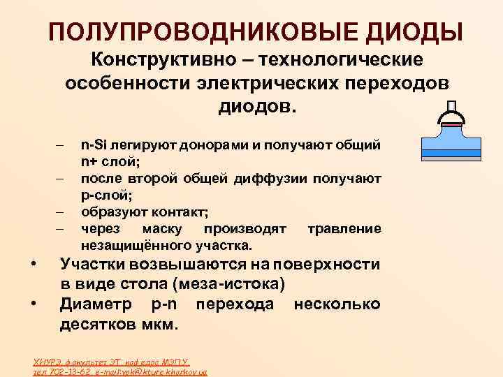 ПОЛУПРОВОДНИКОВЫЕ ДИОДЫ Конструктивно – технологические особенности электрических переходов диодов. – – • • n-Si