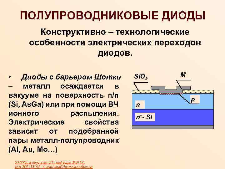 ПОЛУПРОВОДНИКОВЫЕ ДИОДЫ Конструктивно – технологические особенности электрических переходов диодов. • Диоды с барьером Шотки