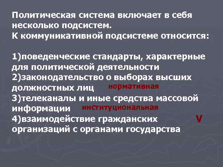 Политическая система включает в себя несколько подсистем. К коммуникативной подсистеме относится: 1)поведенческие стандарты, характерные