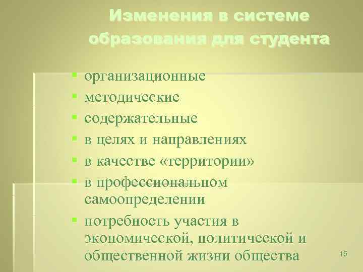 Изменения в системе образования для студента § § § организационные методические содержательные в целях