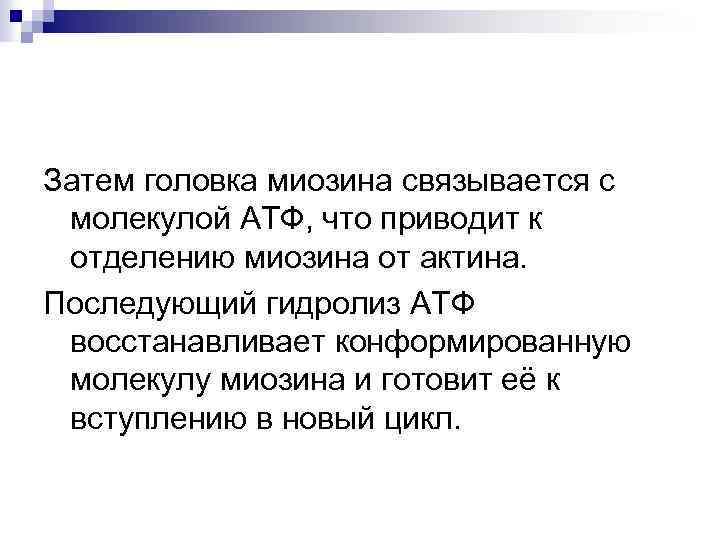 Затем головка миозина связывается с молекулой АТФ, что приводит к отделению миозина от актина.