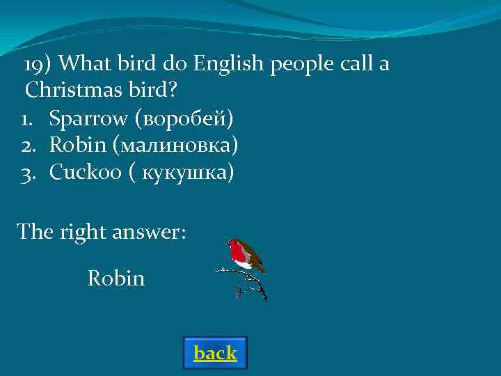 19) What bird do English people call a Christmas bird? 1. Sparrow (воробей) 2.