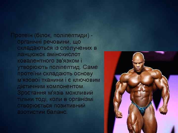 Протеїн (білок, поліпептиди) органічні речовини, що складаються із сполучених в ланцюжок амінокислот ковалентного зв'язком
