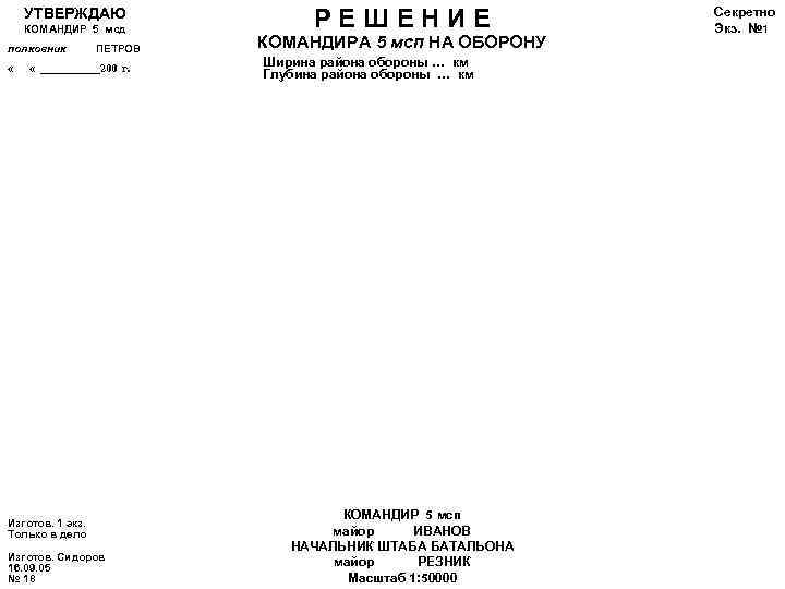 УТВЕРЖДАЮ КОМАНДИР 5 мсд полковник « ПЕТРОВ « ______200 г. Изготов. 1 экз. Только