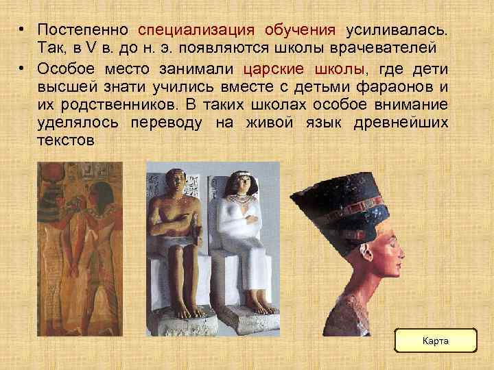  • Постепенно специализация обучения усиливалась. Так, в V в. до н. э. появляются