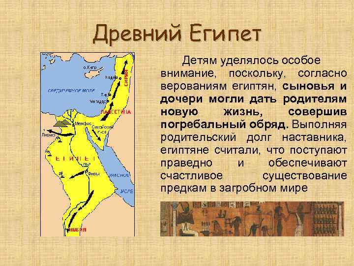 Древний Египет Детям уделялось особое внимание, поскольку, согласно верованиям египтян, сыновья и дочери могли