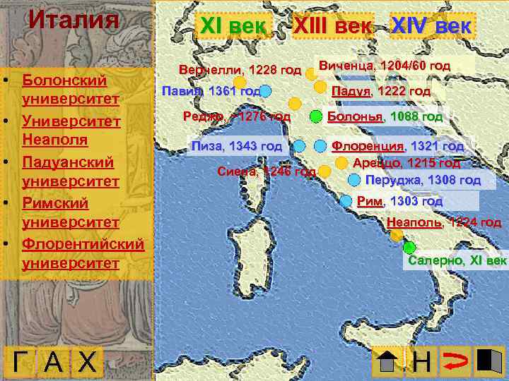 Италия • Болонский университет • Университет Неаполя • Падуанский университет • Римский университет •