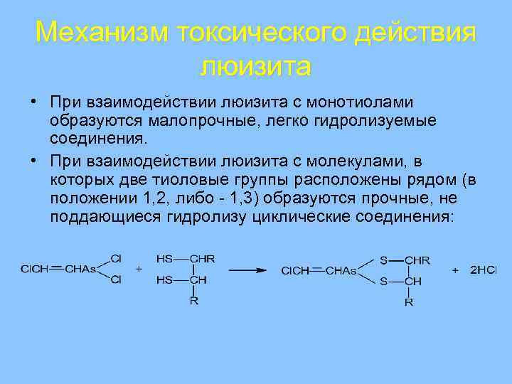 Механизм токсического действия люизита • При взаимодействии люизита с монотиолами образуются малопрочные, легко гидролизуемые
