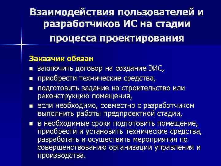 Взаимодействия пользователей и разработчиков ИС на стадии процесса проектирования Заказчик обязан n заключить договор