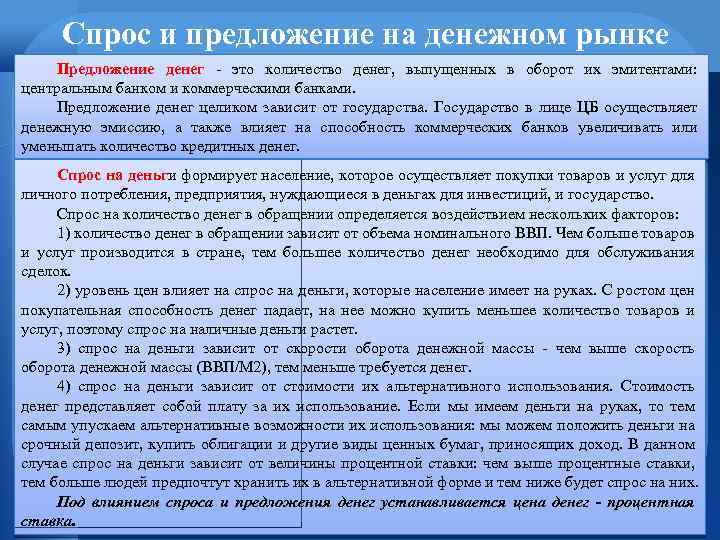Спрос и предложение на денежном рынке Предложение денег - это количество денег, выпущенных в