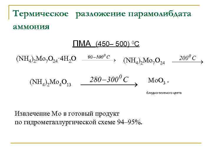 Термическое разложение парамолибдата аммония ПМА (450– 500) 0 C (NH 4)2 Mo 7 O
