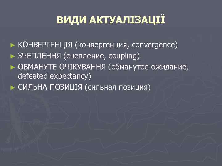 ВИДИ АКТУАЛІЗАЦІЇ ► КОНВЕРГЕНЦІЯ (конвергенция, convergence) ► ЗЧЕПЛЕННЯ (сцепление, coupling) ► ОБМАНУТЕ ОЧІКУВАННЯ (обманутое