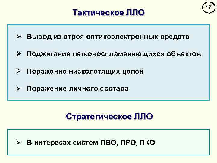 Тактическое ЛЛО Ø Вывод из строя оптикоэлектронных средств Ø Поджигание легковоспламеняющихся объектов Ø Поражение