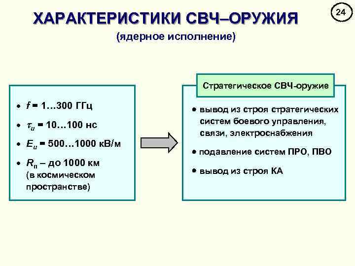 ХАРАКТЕРИСТИКИ СВЧ–ОРУЖИЯ 24 (ядерное исполнение) Стратегическое СВЧ-оружие · f = 1… 300 ГГц вывод