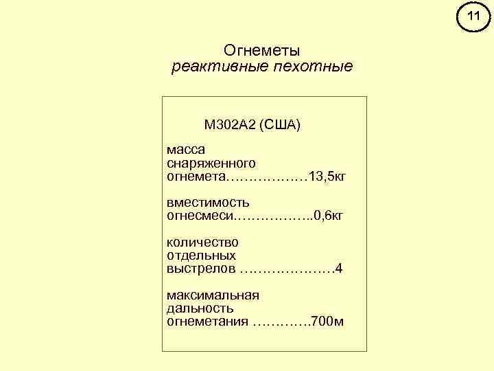 11 Огнеметы реактивные пехотные М 302 А 2 (США) масса снаряженного огнемета……………… 13, 5