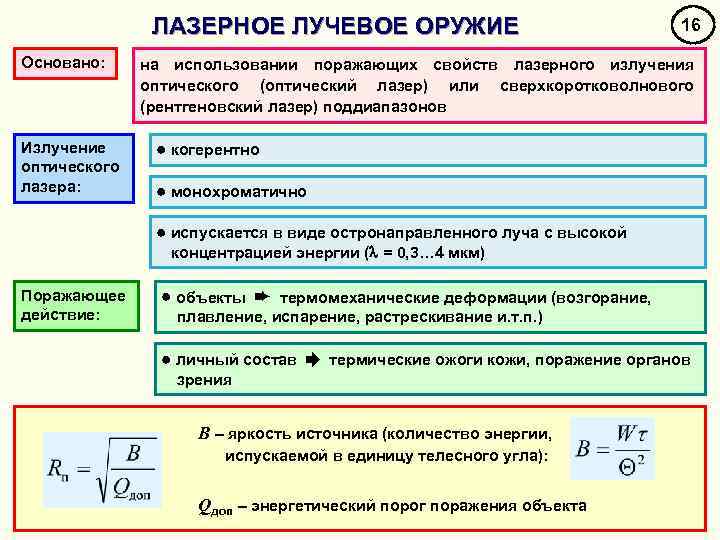 ЛАЗЕРНОЕ ЛУЧЕВОЕ ОРУЖИЕ Основано: Излучение оптического лазера: 16 на использовании поражающих свойств лазерного излучения