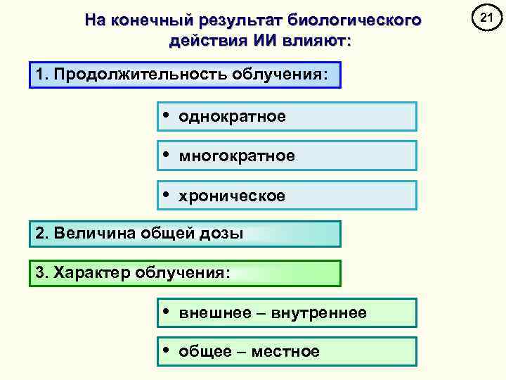 На конечный результат биологического действия ИИ влияют: 1. Продолжительность облучения: • однократное • многократное