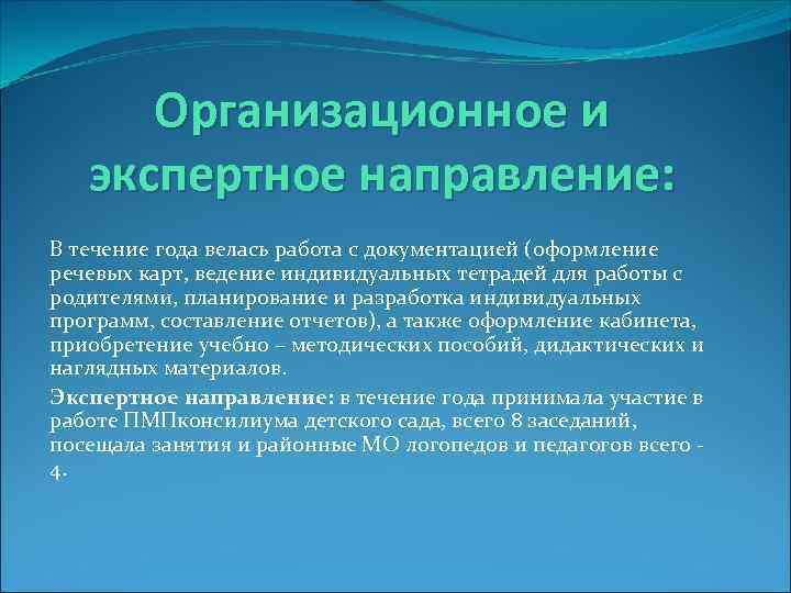 Организационное и экспертное направление: В течение года велась работа с документацией (оформление речевых карт,