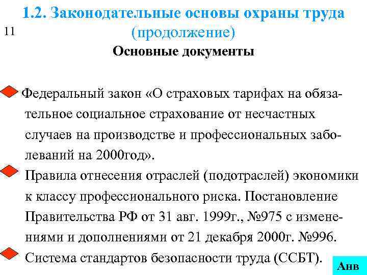 11 1. 2. Законодательные основы охраны труда (продолжение) Основные документы Федеральный закон «О страховых