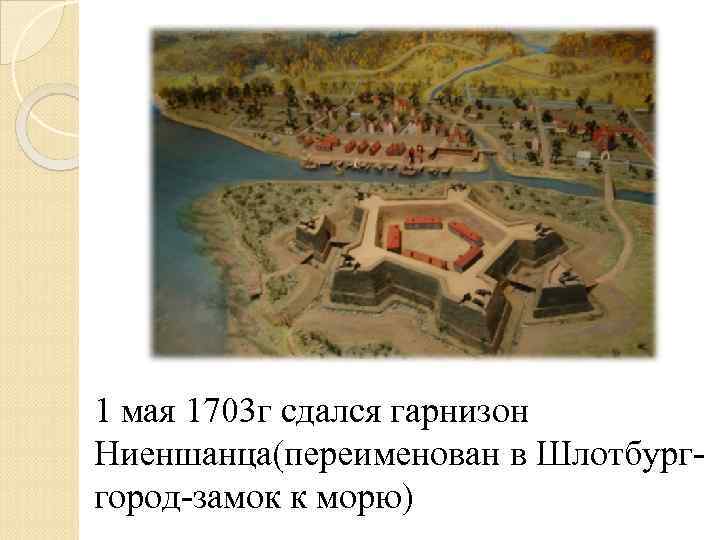 1 мая 1703 г сдался гарнизон Ниеншанца(переименован в Шлотбурггород-замок к морю) 