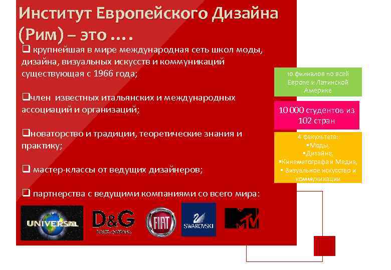 Институт Европейского Дизайна (Рим) – это …. q крупнейшая в мире международная сеть школ