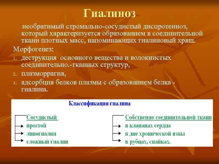 Гиалиноз необратимый стромально-сосудистый диспротеиноз, который характеризуется образованием в соединительной ткани плотных масс, напоминающих гиалиновый