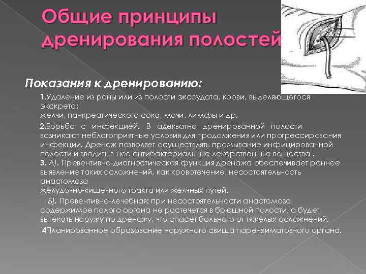 Общие принципы дренирования полостей Показания к дренированию: 1. Удаление из раны или из полости