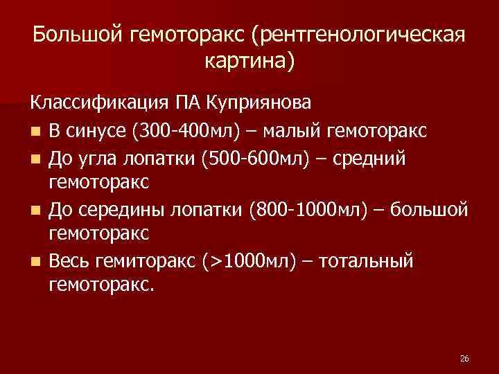 Большой гемоторакс (рентгенологическая картина) Классификация ПА Куприянова n В синусе (300 -400 мл) –