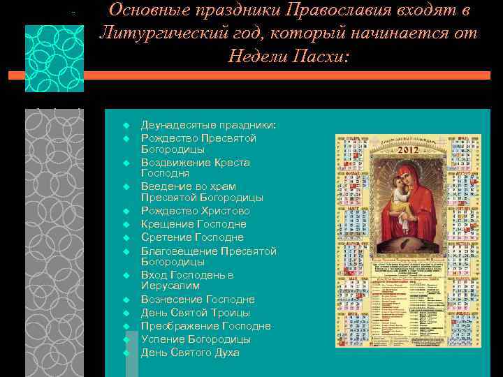 Основные праздники Православия входят в Литургический год, который начинается от Недели Пасхи: u u