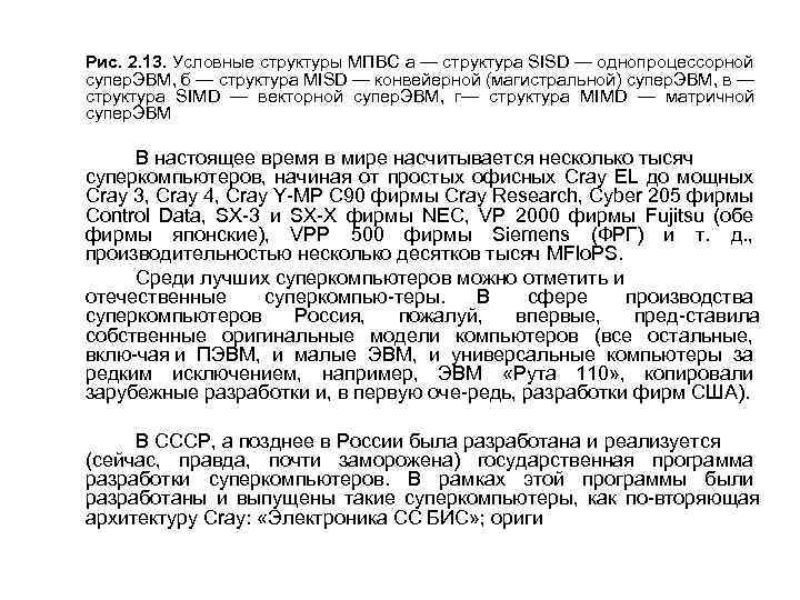 Рис. 2. 13. Условные структуры МПВС а — структура SISD — однопроцессорной супер. ЭВМ,