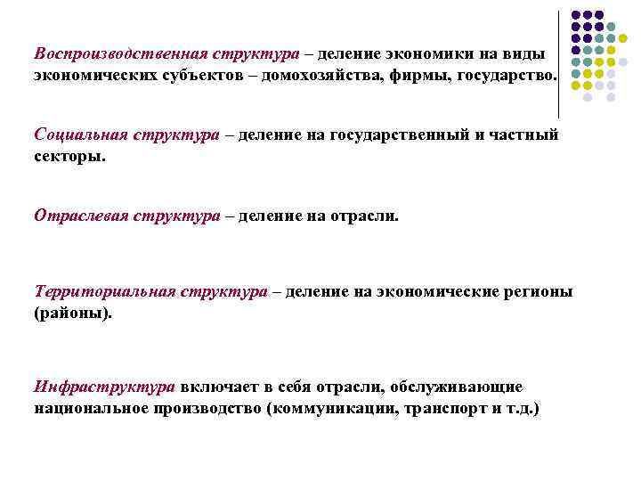 Воспроизводственная структура – деление экономики на виды экономических субъектов – домохозяйства, фирмы, государство. Социальная